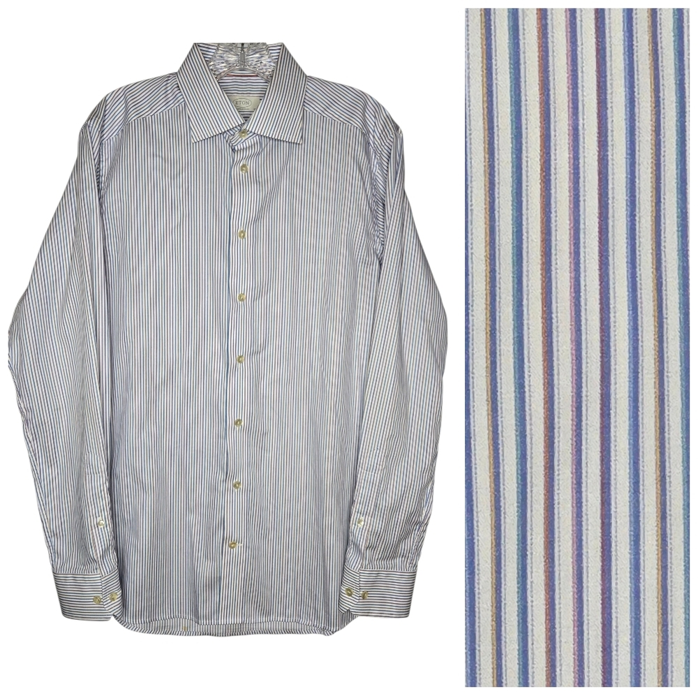 Mens ETON long‎ sleeve shirt size 40/15 3/4 contemporary Fit Multi Color Stripes